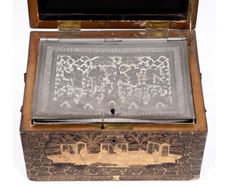 A Chinese gilt and lacquered tea caddy, early 20th c, zinc liner, 19cm h Lid of lacquered box faded, numerous chips and scuff