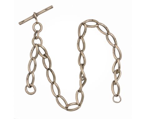 Two silver alberts, c1900, with T-bar, 34 and 36cm l, links individually marked, 2ozs 14dwts Light wear