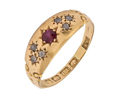 An Edwardian ruby and diamond ring, gypsy set in 18ct gold, Birmingham, date letter rubbed, possibly 1908, 3g, size N Wear co