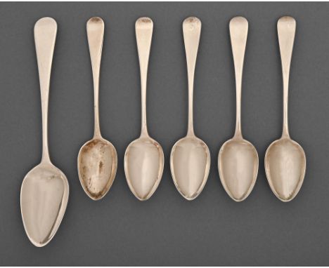 A set of five George III silver teaspoons, Old English pattern, by Robert Peppin, London 1819 and a silver dessert spoon, Lon