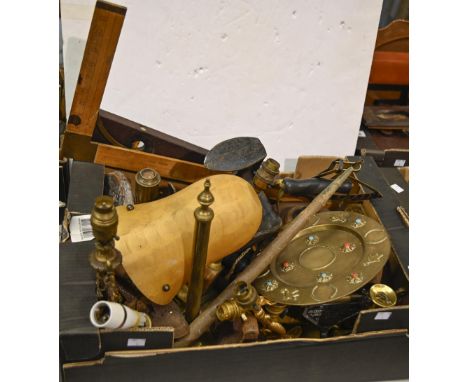 Miscellaneous brass and other metalware,&nbsp;including postal scales, candlesticks, lamps and flat irons, etc 