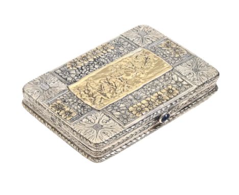 A Russian silver and gold snuff box, the lid applied with central embossed gold relief of Apollo in his chariot, in panelled 