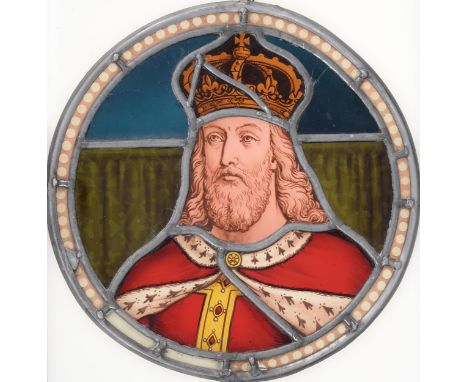 A Northern European stained and leaded glass window light, 19th/early 20th c, with a portrait of a king, 30cm diam Several sh