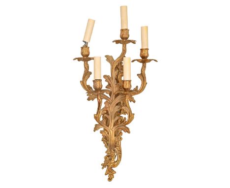 A gilt lacquered brass five-light wall sconce, 20th c, in Louis XV style, 63cm h Undamaged