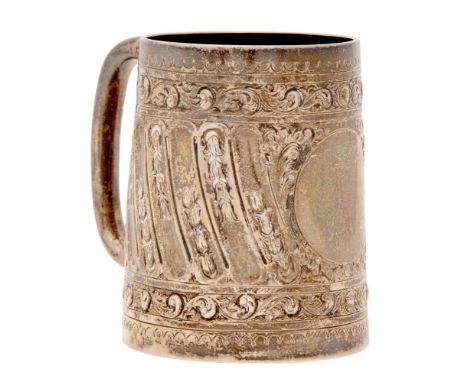 A Victorian silver mug, wrythen fluted and stamped with bell flowers, 86mm h, by Elkington &amp; Co, London 1885, 4ozs 11dwts