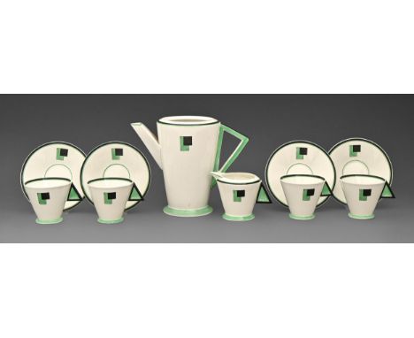 A Shelley bone china Art Deco Blocks pattern coffee service, 1930,&nbsp;Mode shape, coffee pot 15cm h, printed marks, pattern