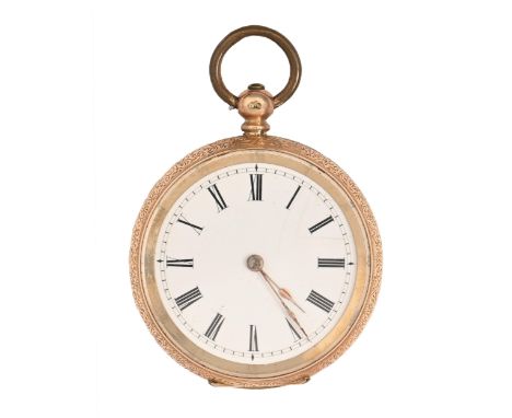 A Swiss gold cylinder lady's watch, late 19th c, 35mm diam, marked 14k, 32.7g Movement running when wound, little sign of cas