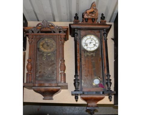 An ebonised and walnut Vienna wall clock, early 20th c,&nbsp;with enamel dial, inscribed J. Junghans, 80cm h, and another sim