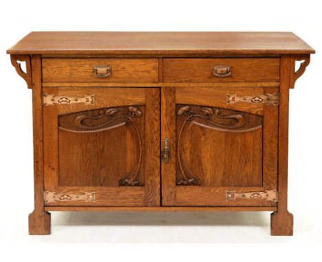 An oak Arts &amp; Crafts oak sideboard, early 20th c,&nbsp; with art metal furniture, 93cm h; 50 x 137cm, originally with a s