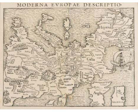 Europe.- Münster (Sebastian) Moderna Europae Descriptio, map of Europe with north oriented to the south, showing part of the 