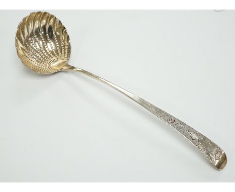 A George III Irish silver Old English pattern soup ladle, Michael Homer?, Dublin, 1775, 36cm, 7.1oz.