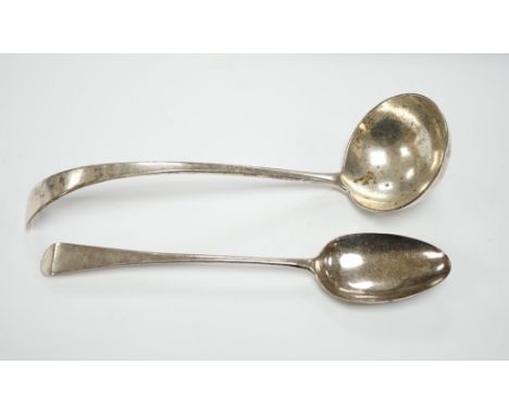 An Edwardian silver Old English pattern soup ladle, London, 1902 and a George III basting spoon, London, 1808, 12.8oz.