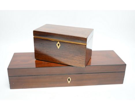 A 19th century mahogany glove box, three pairs of kid leather gloves and a rosewood tea caddy with bone escutcheon, glove box