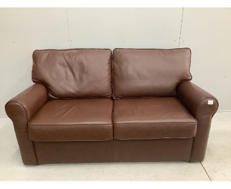 A modern brown leather two seater sofa bed, width 160cm, depth 80cm, height 86cm