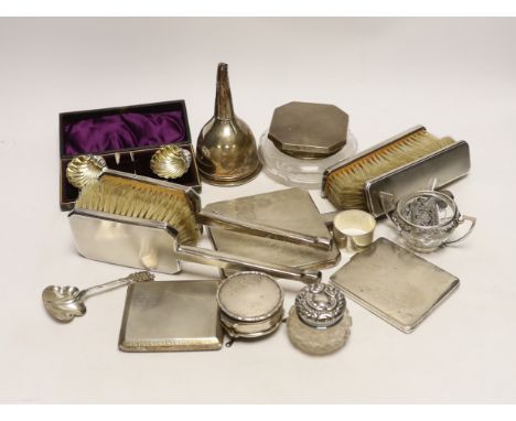 A group of assorted small silver, including a powder jar, trinket box, cigarette case, mirror and brush set etc. and a plated