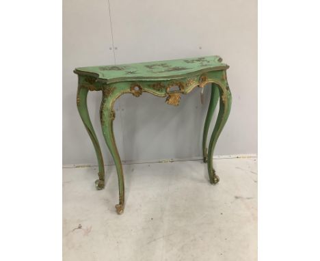 An early 20th century chinoiserie lacquer and green painted serpentine console table, width 93cm, depth 36cm, height 86cm