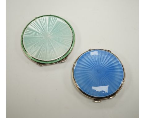 A 1930's blue enamelled silver compact, 63mm and one other unmarked enamelled compact.