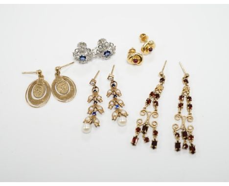 Three pairs of assorted 9ct gold earrings including two gem set, a pair of white metal (stamped 18) and gem set ear clips and