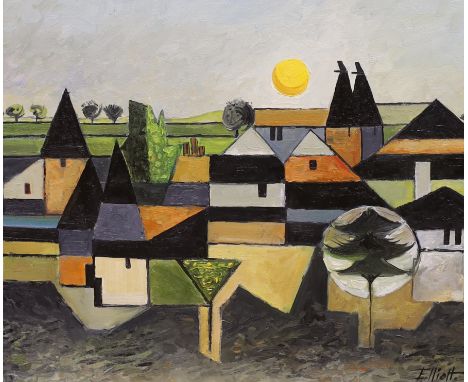 Robin Alexander Elliott (b.1936) oil on canvas, 'Hop Barn and Oasts', signed, inscribed verso, 49 x 59cm Born in London in 19