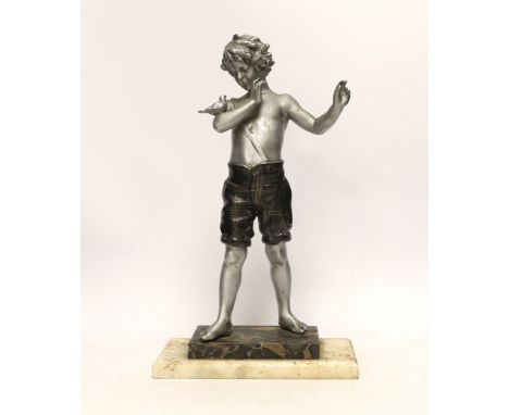 A spelter figure of a boy with bird on two step marble base, 39.5cm high