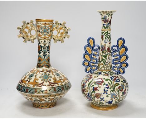 Two Hungarian Zsolnay vases, each with pierced decoration, largest 28cm high First image, vase shown left - structurally good