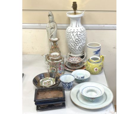 Various Chinese ceramics including some Meiji items; a teapot, 13.5cm, three small dishes and a planter, a Chinese Jian type 