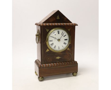 A Lenz small mantel timepiece with brass inlay and enamel Roman numeral dial, 22cm high