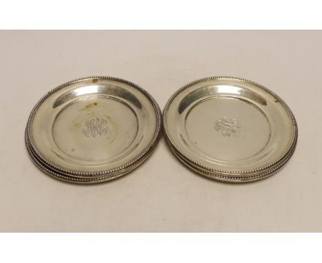 A set of six American sterling dishes, by R. Wallace &amp; Sons, with engraved monogram and beaded borders, 15.1cm, 18.8oz.