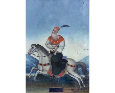 19th century Indian School, reverse glass painted panel, Rider on horseback, 49 x 33cm