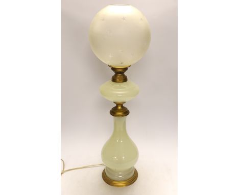 An opaque glass oil converted to a table lamp, 66cm high