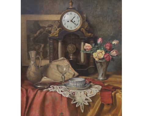 Franz Krischke (Austrian, 1885-1960), oil on board, Still life of flowers, vessels and mantel clock, signed, 54 x 49cm