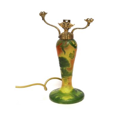 An Art Nouveau cameo glass lamp base by J. Michael, Paris, gilt metal mounted, 27cm high including fittings