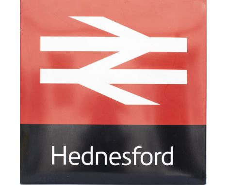 British Railways modern image enamel station entrance sign HEDNESFORD with Double Arrow logo. Fully flanged in excellent cond