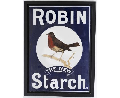 Advertising enamel sign ROBIN STARCH THE NEW STARCH. In very good displayable condition mounted in a wooden frame with some w
