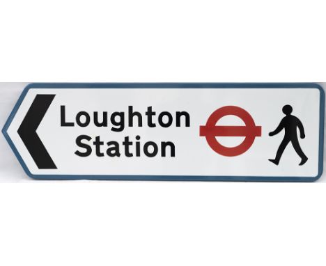 LT FF enamel direction sign LOUGHTON STATION with left facing arrow. In very good condition with a few small face chip repair