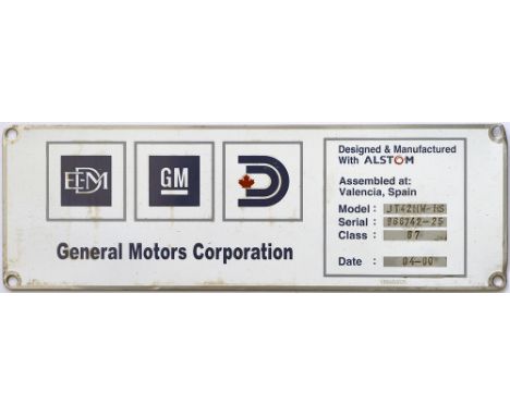 Worksplate GENERAL MOTORS CORPORATION Designed &amp; Manufactured with Alstom at Valencia, Spain. Model JT42HW-HS, Serial 968