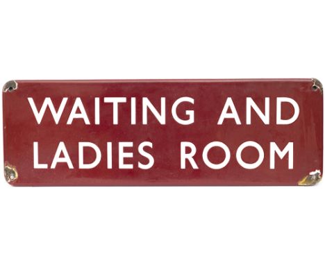 BR(M) FF enamel doorplate WAITING AND LADIES ROOM. In good condition with some chipping to the corners. Measures 18in x 6in. 
