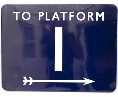 BR(E) FF enamel railway station sign TO PLATFORM 1 with right facing arrow. In good condition with a few face chips, measures