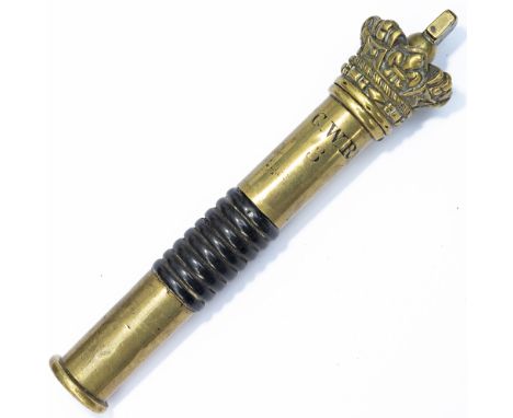 A Victorian mid 19th century brass tipstaff. Cylindrical brass tube form  with screw off Queens Crown end cap, and a fixed turned brass knop to the  other end. No apparent makers marks