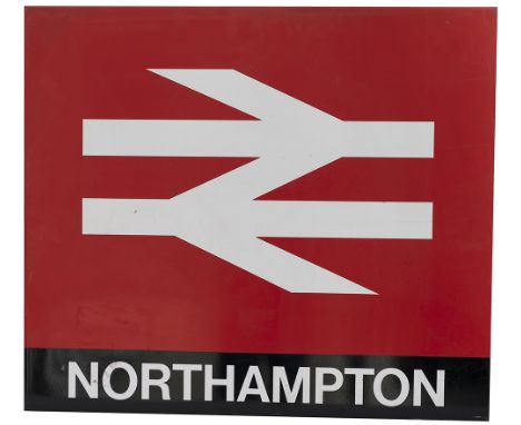 British Railways modern image station entrance sign NORTHAMPTON with Double Arrow logo. Fully flanged screen printed aluminiu