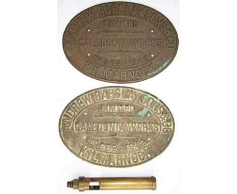 A pair of worksplates and whistle. ANDREW BARCLAY SONS &amp; CO CALEDONIA WORKS KILMARNOCK No 362 of 1942 ex 0-4-0 DM supplie