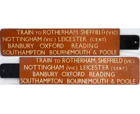 BR(NE) platform indicator board TRAIN TO ROTHERHAM SHEFFIELD (VIC) NOTTINGHAM (VIC) LEICESTER (CEN) BANBURY OXFORD READING SO
