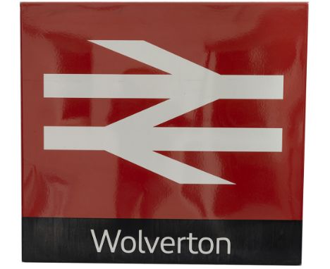 British Railways modern image enamel station entrance sign WOLVERTON with Double Arrow logo. Fully flanged in excellent condi
