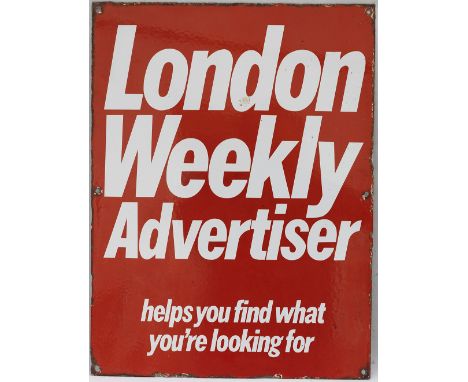 Advertising enamel sign LONDON WEEKLY ADVERTISER HELPS YOU FIND WHAT YOU ARE LOOKING FOR. In very good condition measures 20i