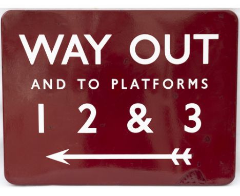 BR(M) FF enamel railway station sign WAY OUT AND TO PLATFORMS 1 2 &amp; 3 with left facing arrow. In good condition with a fe