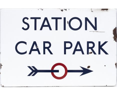 London Underground FF enamel sign STATION CAR PARK with right facing arrow. In good condition with some edge and face chippin