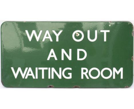 BR(S) FF enamel station sign WAY OUT AND WAITING ROOM. In good condition with some minor face chips and small loss to the bot