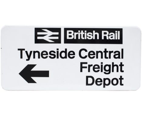 BR FF enamel direction sign BRITISH RAIL TYNESIDE CENTRAL FREIGHT DEPOT with BR double arrow logo and left facing arrow. In e