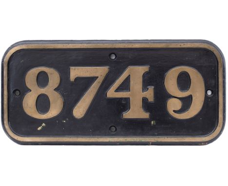 GWR brass cabside numberplate 8749 ex Collett 0-6-0PT built by W.G. Bagnall in 1931. Allocated to Llanelli and 85B Gloucester