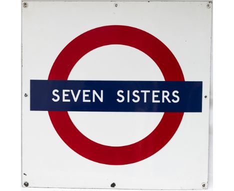 London Underground enamel Target/Bullseye station sign SEVEN SISTERS. In very good condition, measures 24in x 24in. 